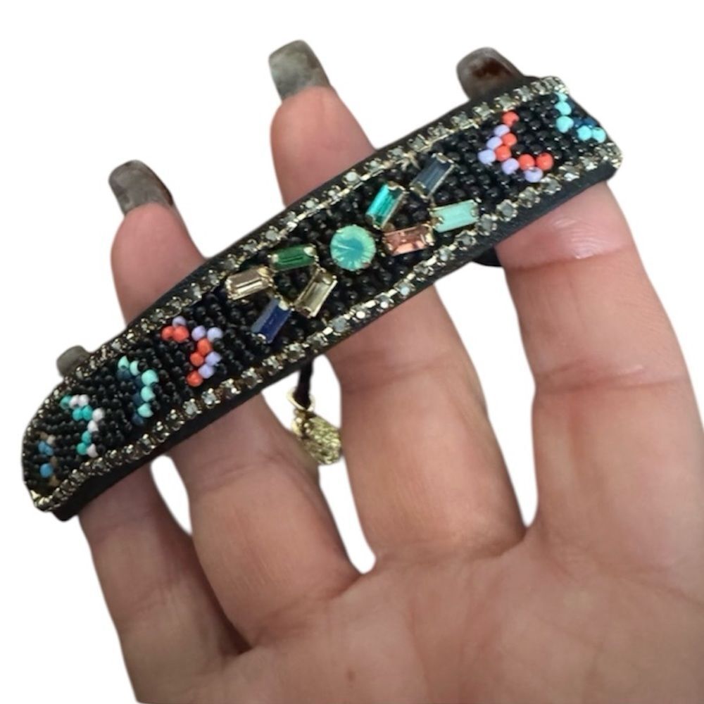 NEWโRebecca Minkoff Black Leather Multicolor Gemstone Beaded Adjustable Bracelet